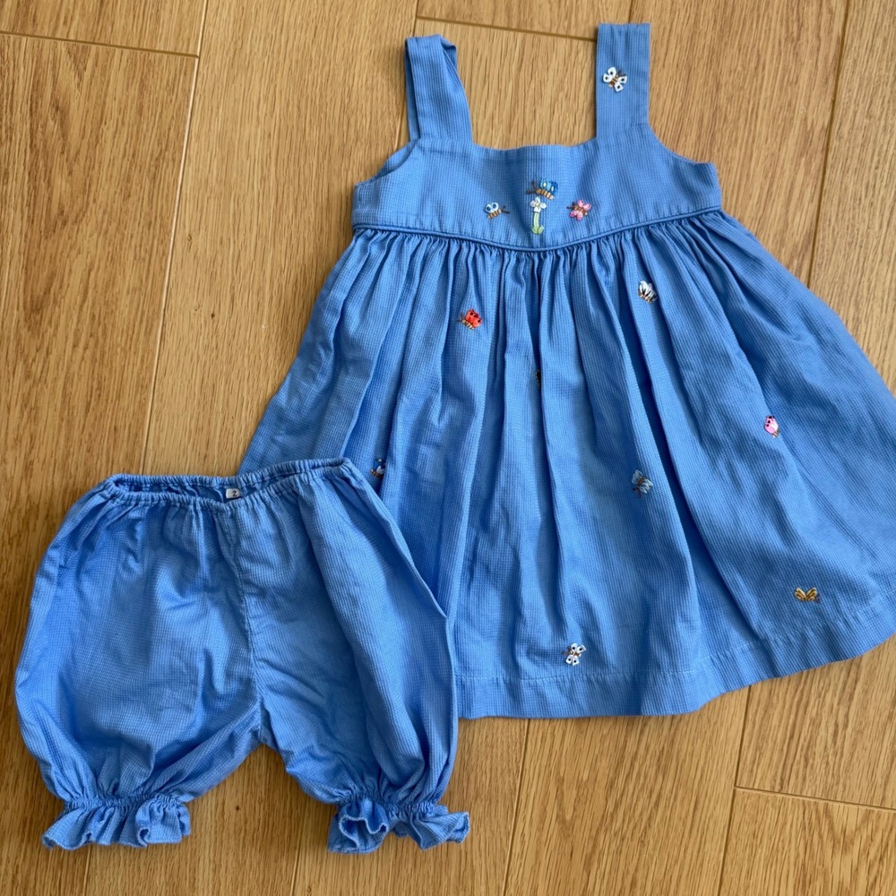 Strasburg Dress Set Kids Size 2 Blue Embroidered Seersucker Pinafore Bloomers